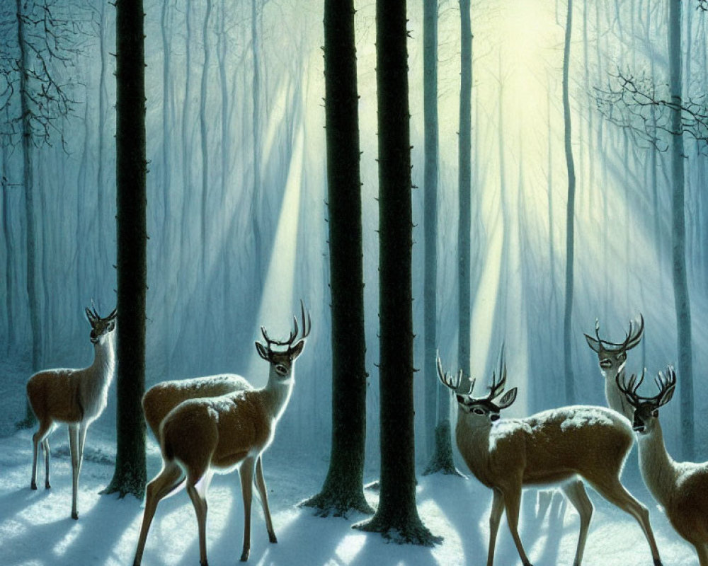 Sunbeams Illuminate Deer in Snowy Forest Scene