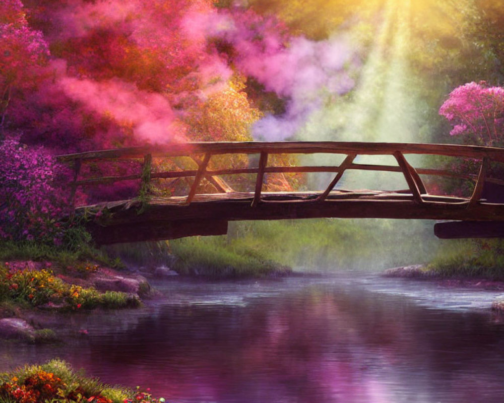 Wooden Bridge Over Serene Stream Surrounded by Vibrant Foliage