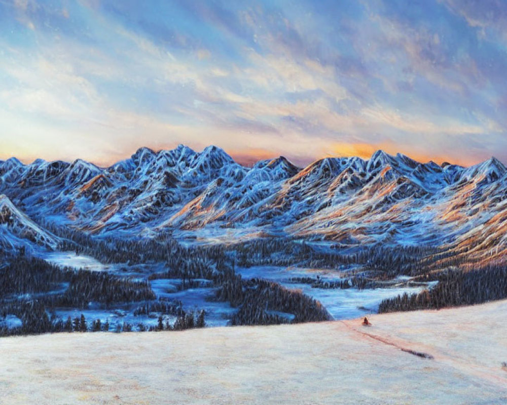 Snow-capped mountain landscape at dusk with blue and orange sky