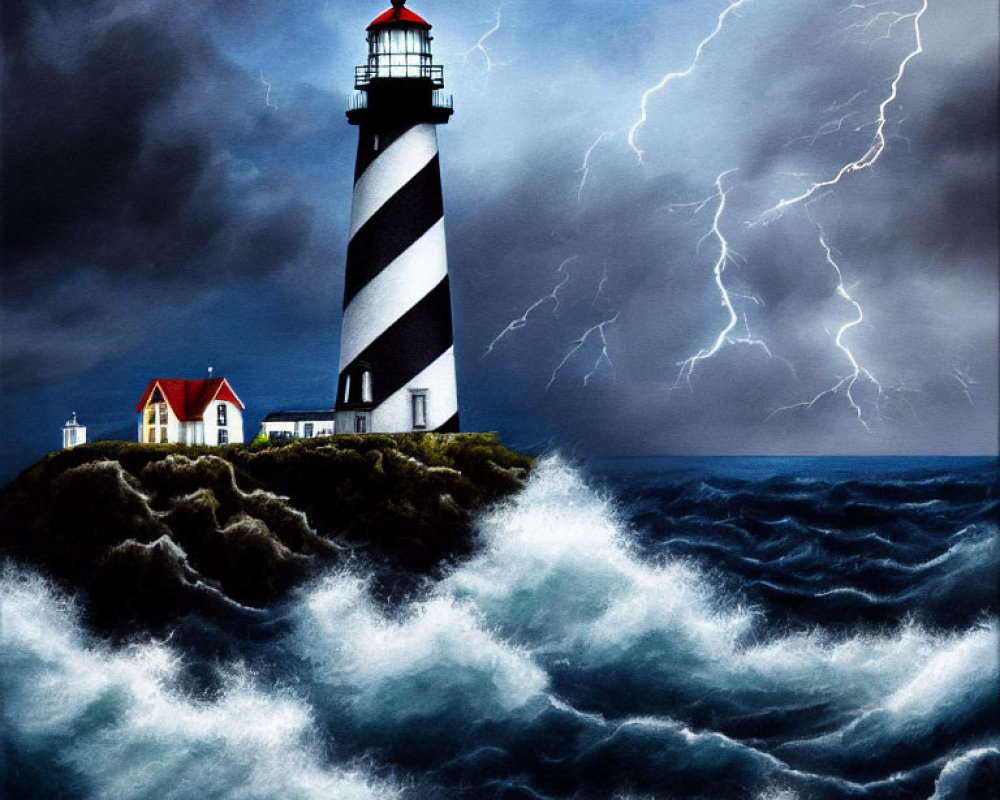 Stormy backdrop with thunderbolts and lighthouse by agitated ocean waves.