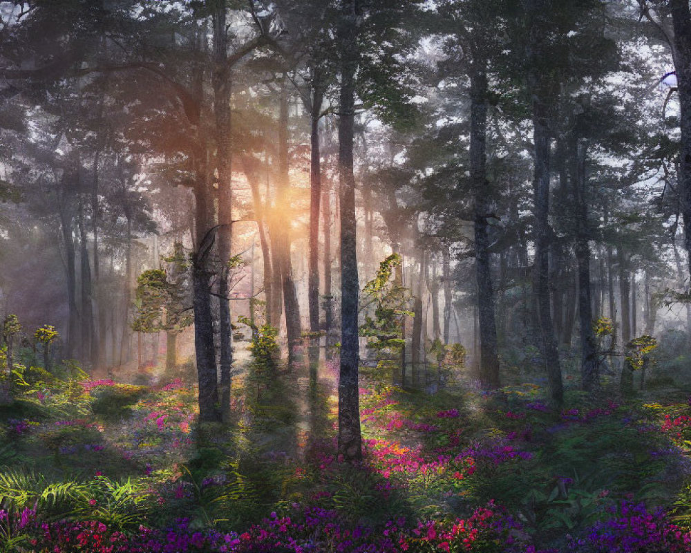 Misty forest scene with sunlight and wildflowers