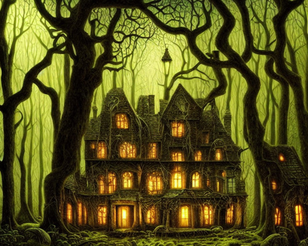 Eerie Victorian mansion surrounded by twisted trees under greenish glow