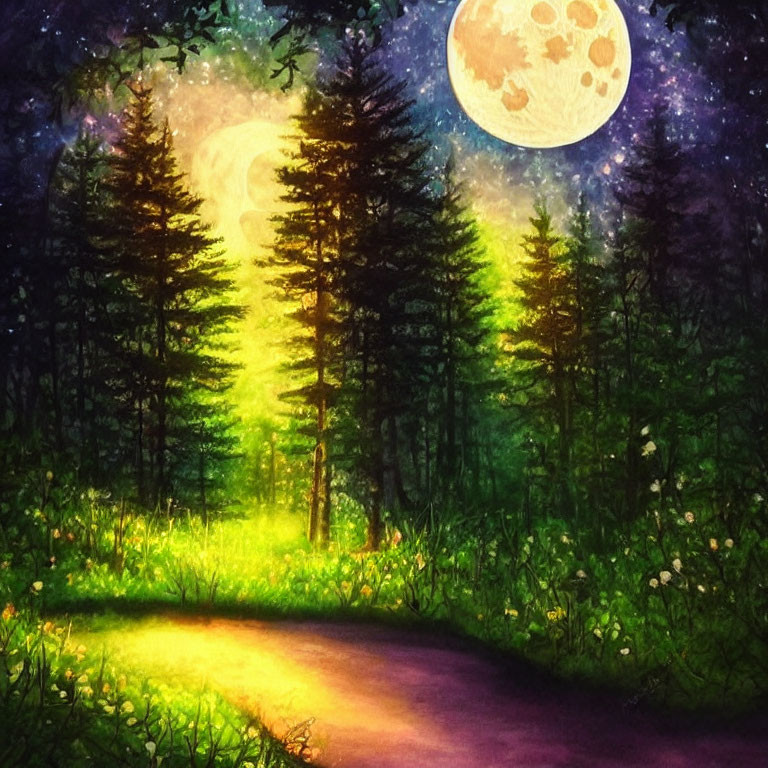 Enchanting night forest scene with glowing path, starry sky, and detailed moon