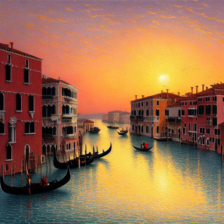 Venice canal at sunset with gondolas and historic buildings reflecting warm hues