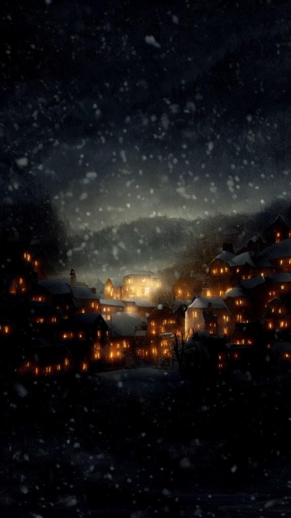 Snow-covered village at night with warm lights and heavy snowfall