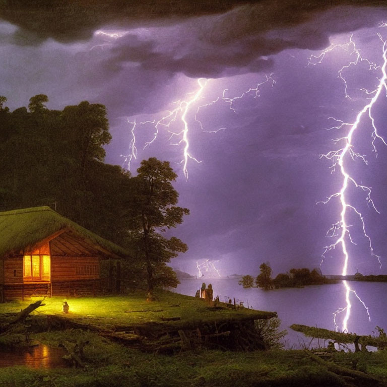 Rustic cabin by lake under tempestuous night sky with lightning bolts & silhouettes of