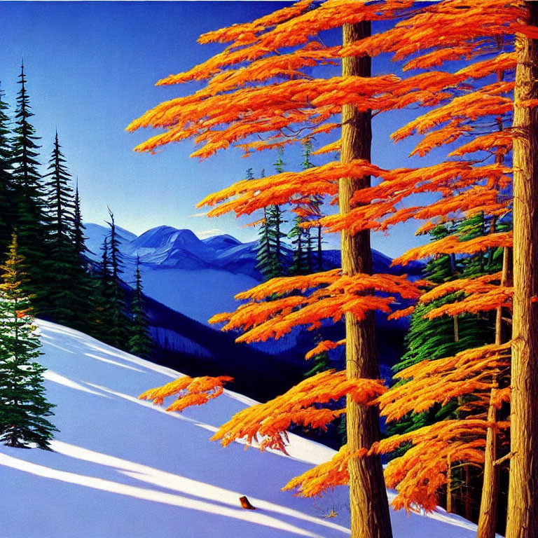 Scenic winter landscape with bright orange trees and snowy mountains