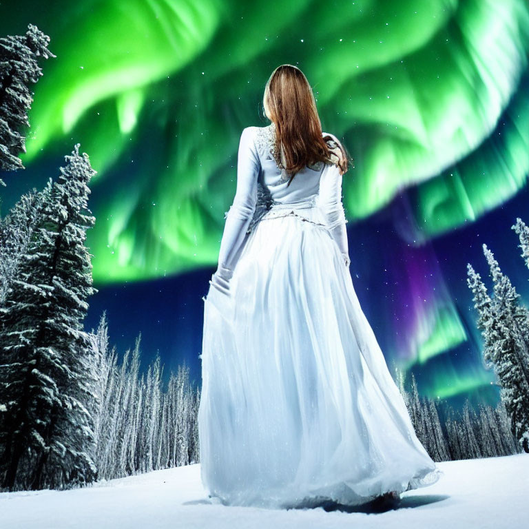 Woman in white dress admires green aurora borealis in snowy night landscape