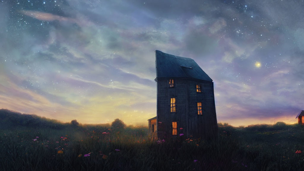 Tall narrow house in twilight meadow under starry sky with glowing lights