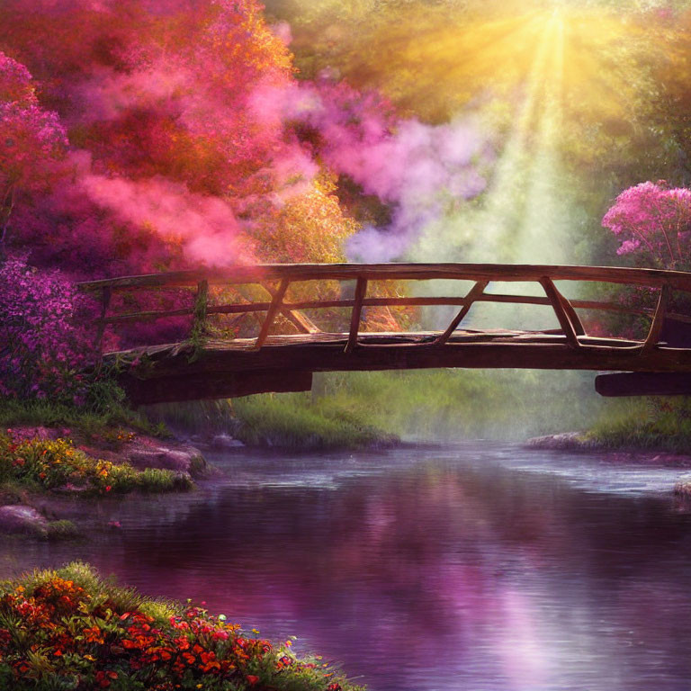 Wooden Bridge Over Serene Stream Surrounded by Vibrant Foliage