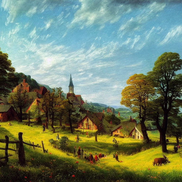 Charming village scene with cozy houses, church spire, and lush greenery