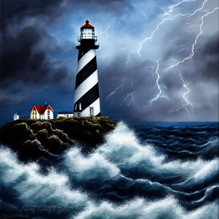 Stormy backdrop with thunderbolts and lighthouse by agitated ocean waves.