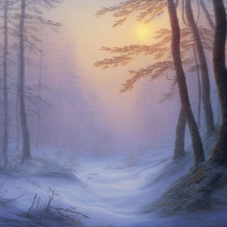 Snow-covered Winter Scene with Bare Trees and Soft Sun Glow