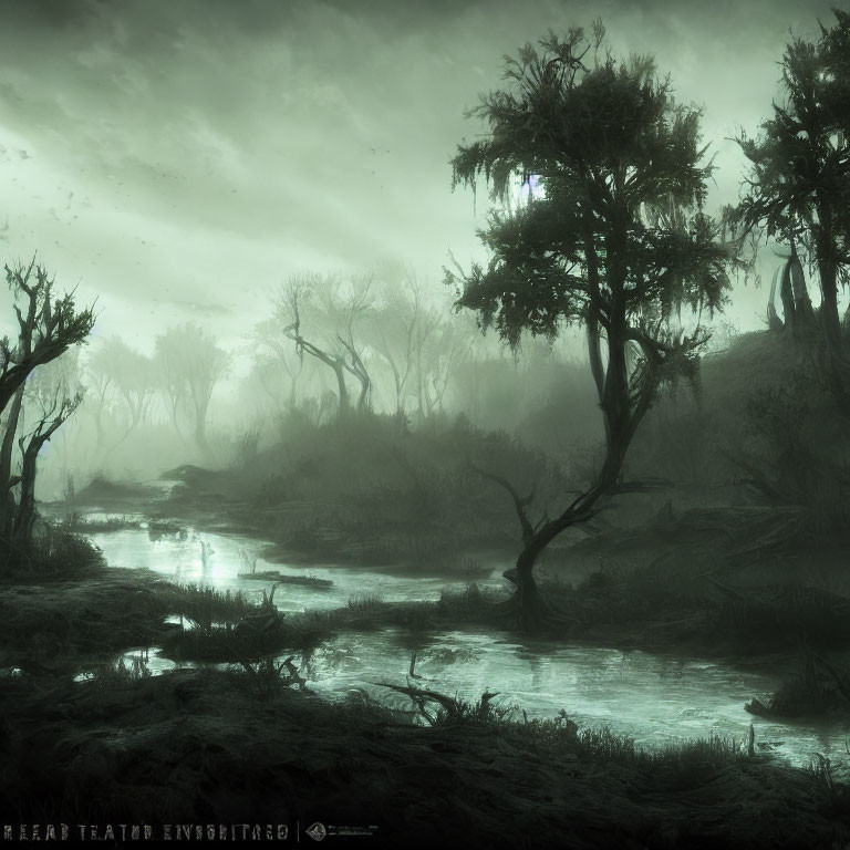 Eerie swamp with twisted trees and murky stream