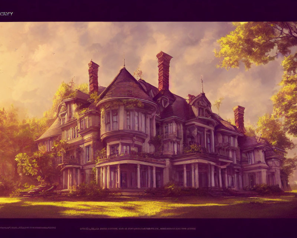 Victorian-style Mansion in Mystical Forest at Sunset