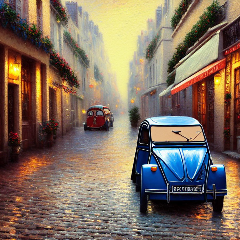 Twilight street scene with vintage cars, cobblestones, shop windows, and flower baskets