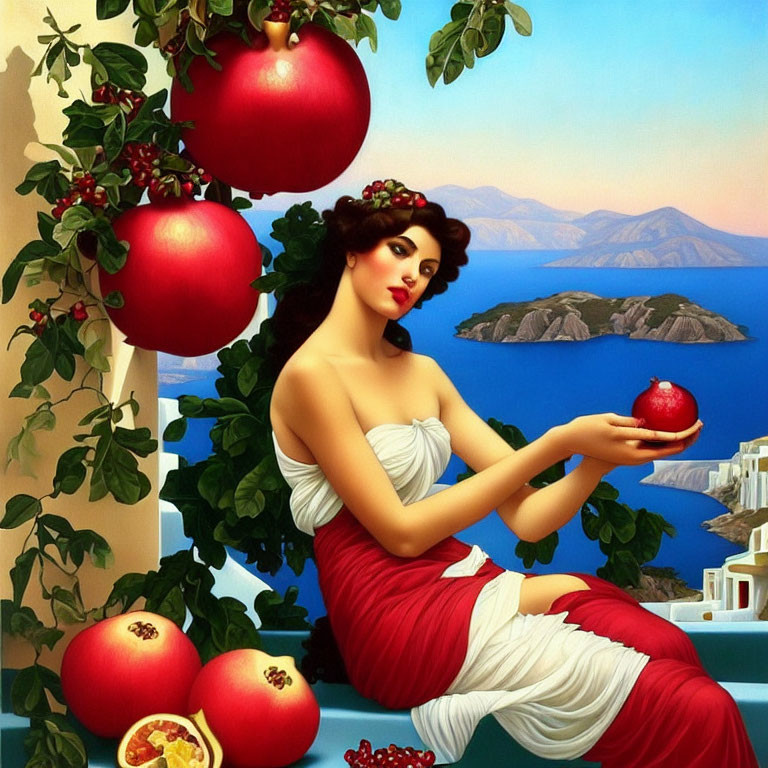 Stylized painting of woman in red & white dress with pomegranate by the sea