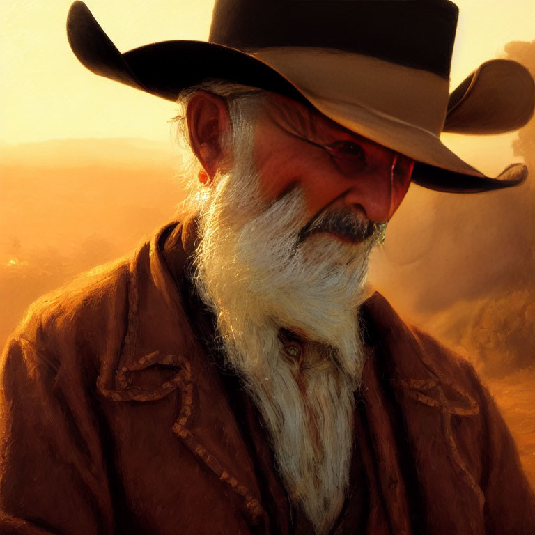 Elderly Man in Cowboy Hat with White Beard and Brown Jacket in Golden Light