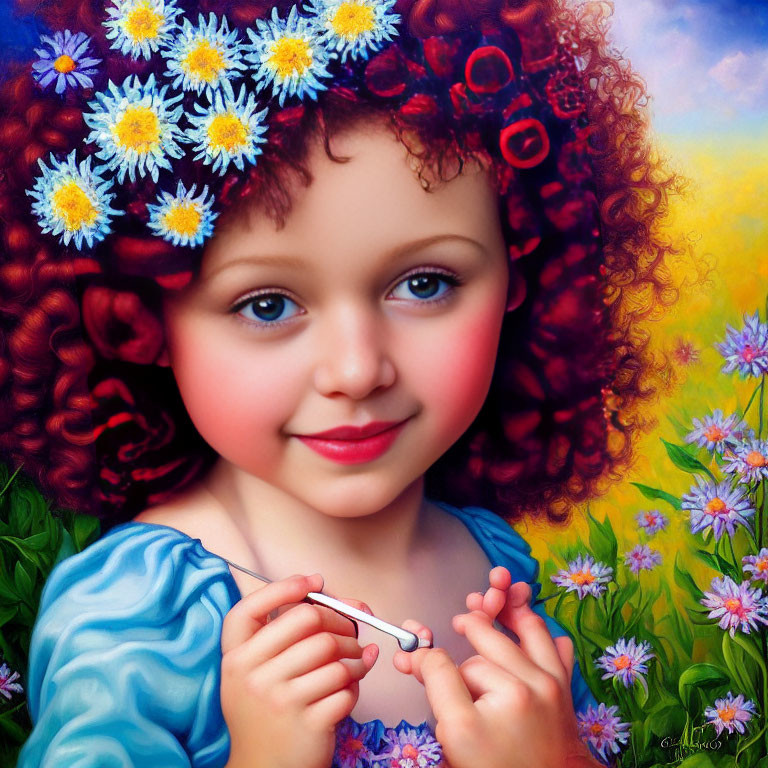 Vibrant digital artwork of young girl with red hair and daisies in colorful floral setting