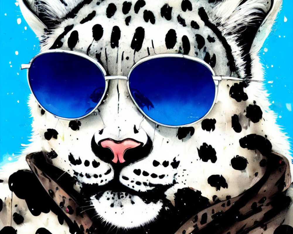 Snow leopard face painting with blue sunglasses and bold spots