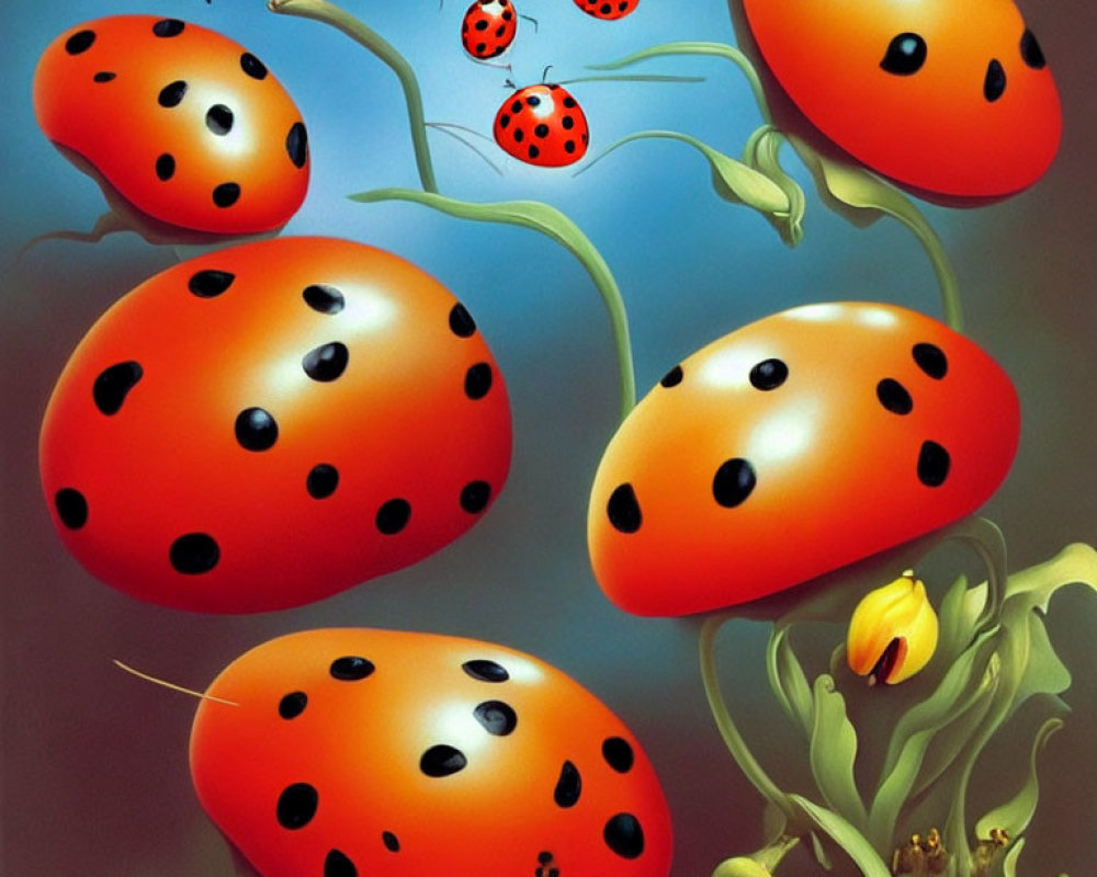 Whimsical oversized ladybugs with various spot patterns on vibrant green plants