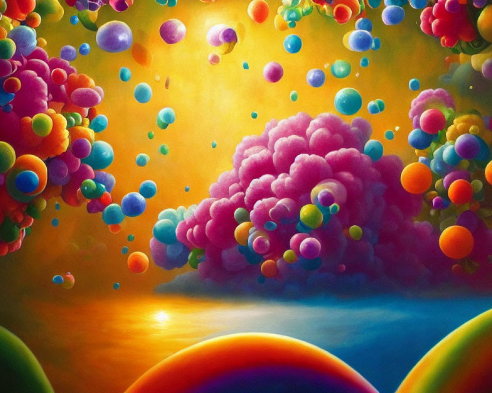 Colorful Floating Spheres in Orange Dreamscape with Pink Cloud