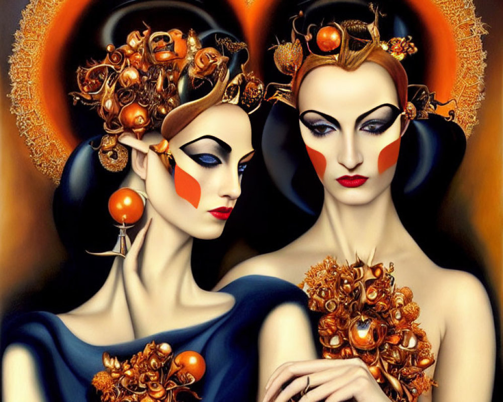 Stylized women with ornate headdresses and bold makeup