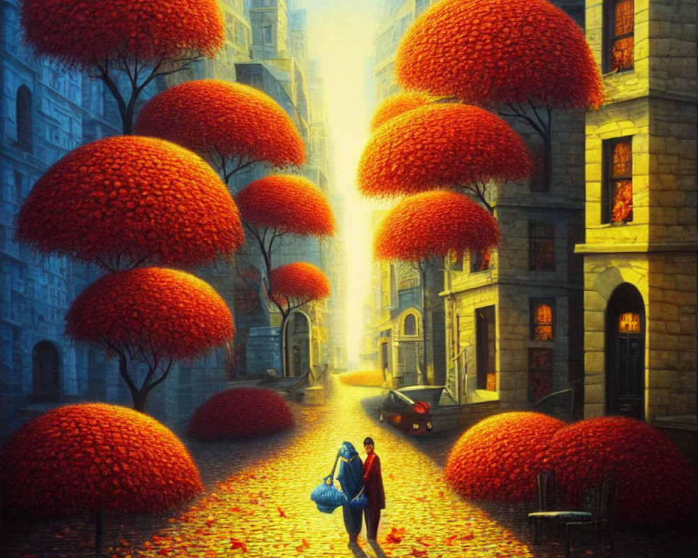 Couple walking on charming street with red-orange trees and sunlight