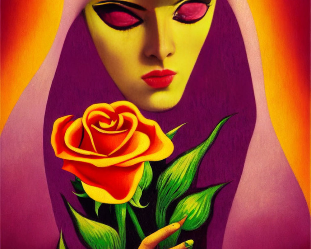 Vibrant portrait of a woman with yellow eyes and pink eyeshadow holding a red rose