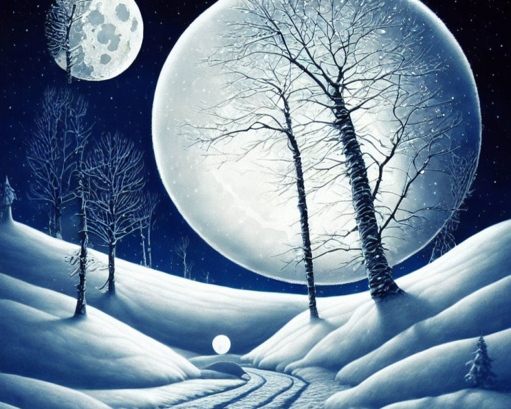 Snowy Night Landscape with Large Moon, Bare Trees, Winding Path, and Small Moon-like Sphere