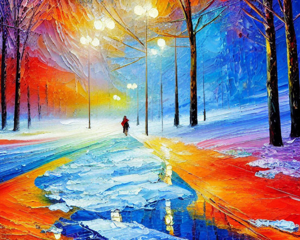 Colorful painting of figure walking on snowy park pathway at twilight