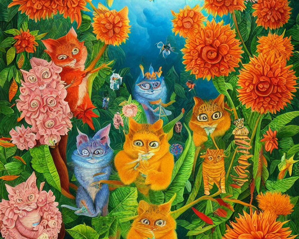 Colorful Cats Among Sunflowers and Butterflies in Vibrant Painting