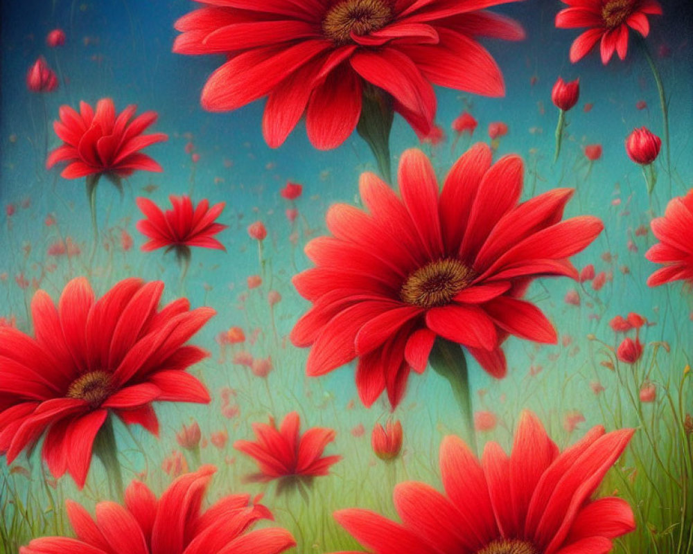 Colorful Red Flowers with Yellow-Brown Centers on Blue and Green Background