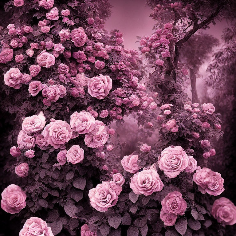 Abundant Pink Roses Bloom in Monochrome Garden