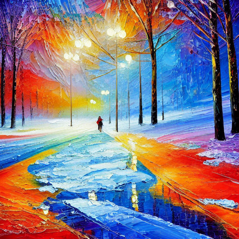 Colorful painting of figure walking on snowy park pathway at twilight