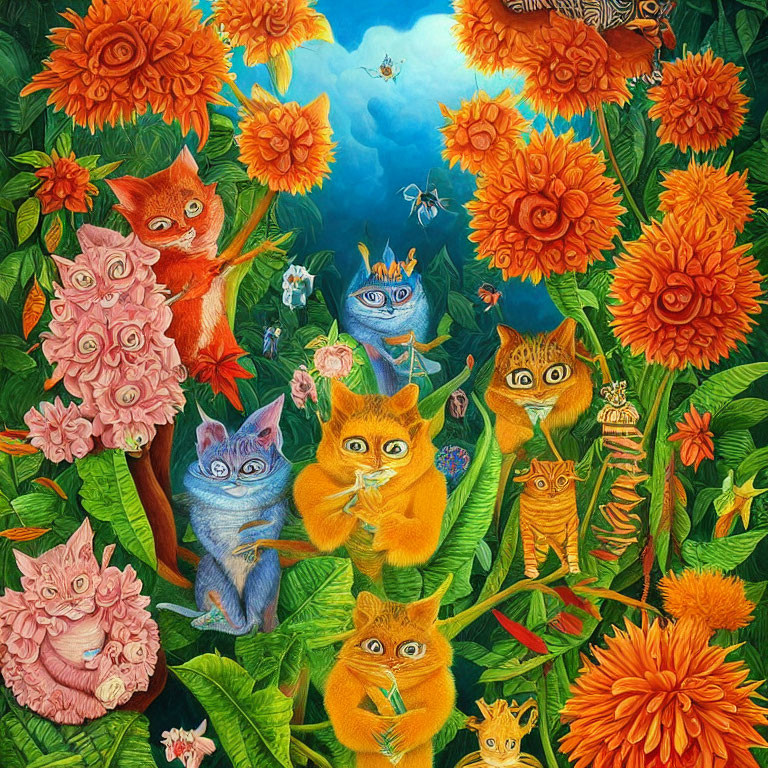 Colorful Cats Among Sunflowers and Butterflies in Vibrant Painting