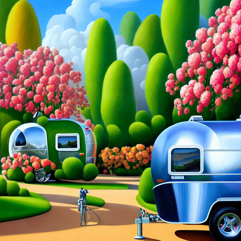 Vibrant landscape illustration with green trees, clouds, trailers, and bicycle