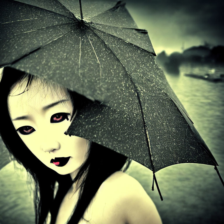 Stylized image of person with pale skin and dark makeup holding black umbrella against moody green-ton