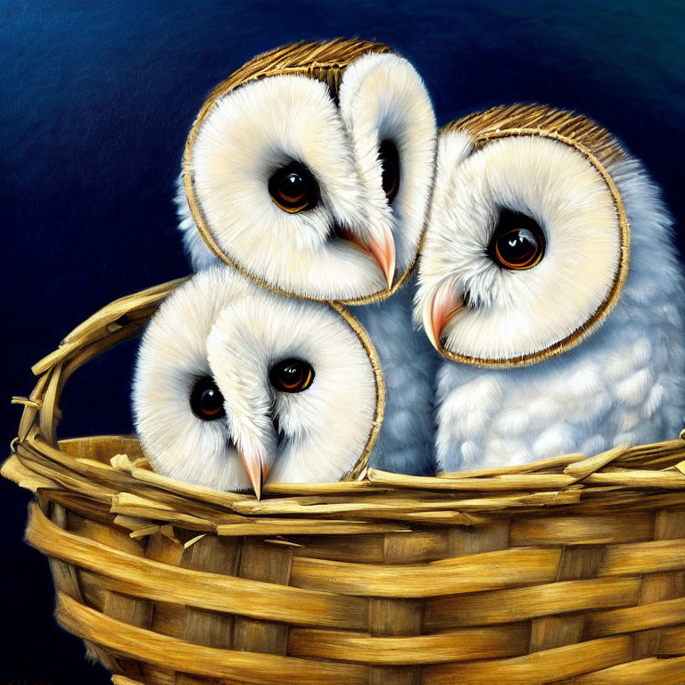 Three cute owls in woven basket on dark blue background