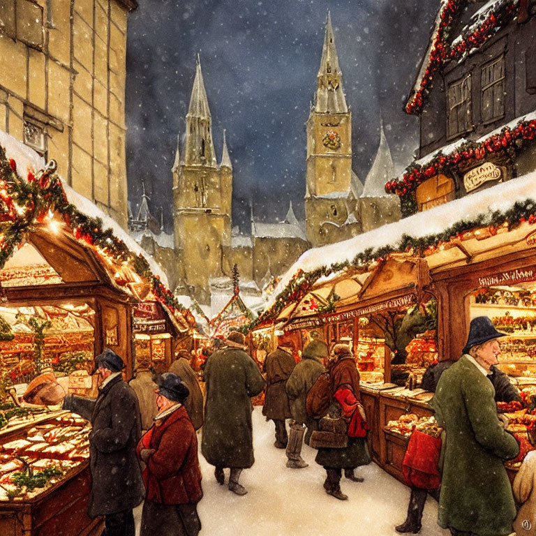 Festive Christmas market at night with snow-covered rooftops