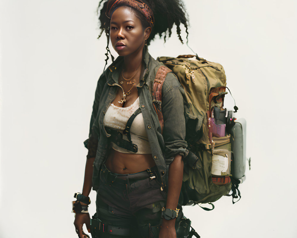 Braided hair woman in tank top and cargo pants with backpack, utility belts