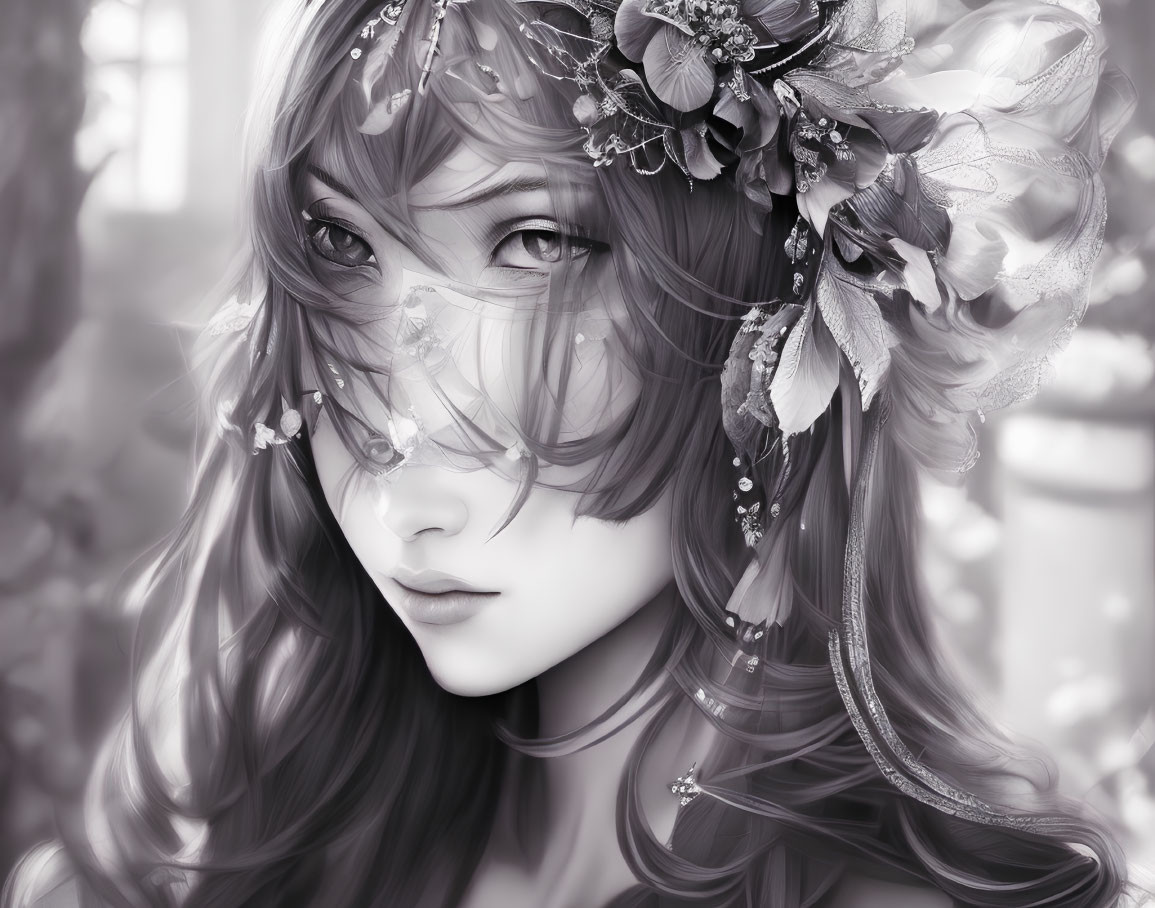 Detailed monochrome illustration of a woman with floral hair adornments