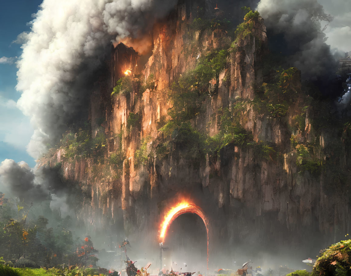 Towering Cliff with Greenery, Glowing Gateway, and Summit Smoke