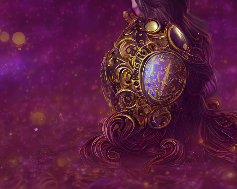 Intricate golden egg in mystical purple atmosphere