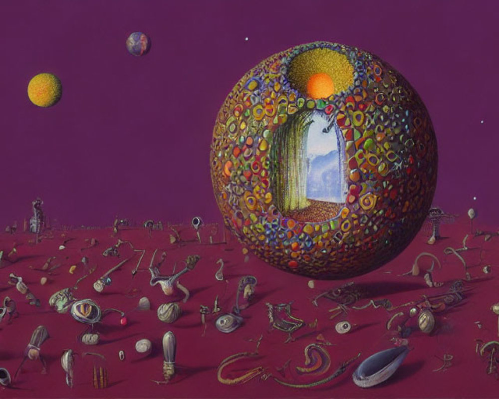 Surrealist landscape with mosaic egg structure and whimsical creatures