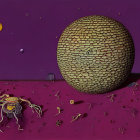 Surrealist landscape with mosaic egg structure and whimsical creatures