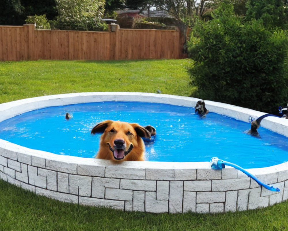 Dog enjoys pool with ducks on sunny day in backyard