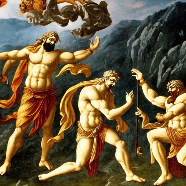 Muscular men in classical attire, one in anguish reaching towards figures in clouds, while the other consoles