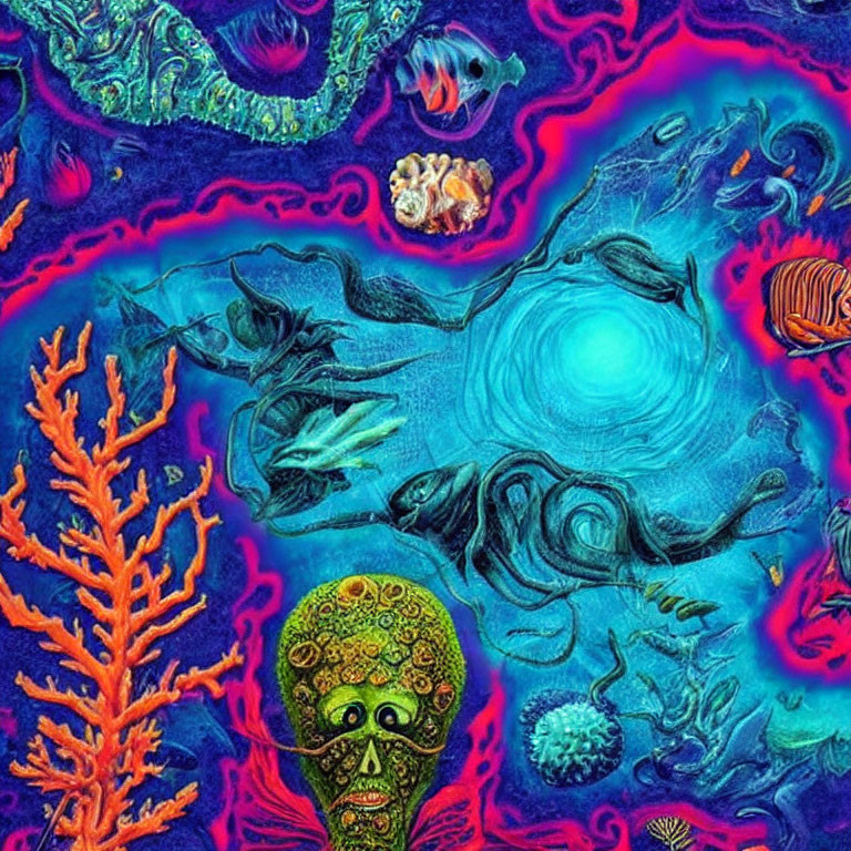 Colorful underwater scene with sun, coral, fish, and skull in psychedelic swirls