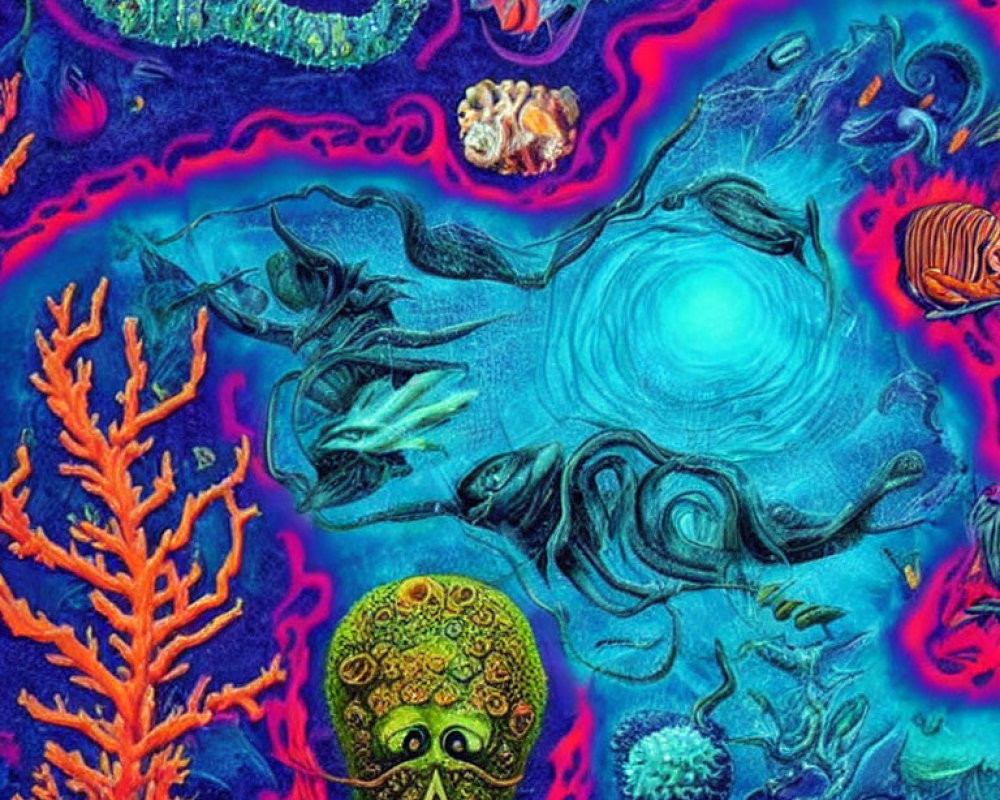 Colorful underwater scene with sun, coral, fish, and skull in psychedelic swirls